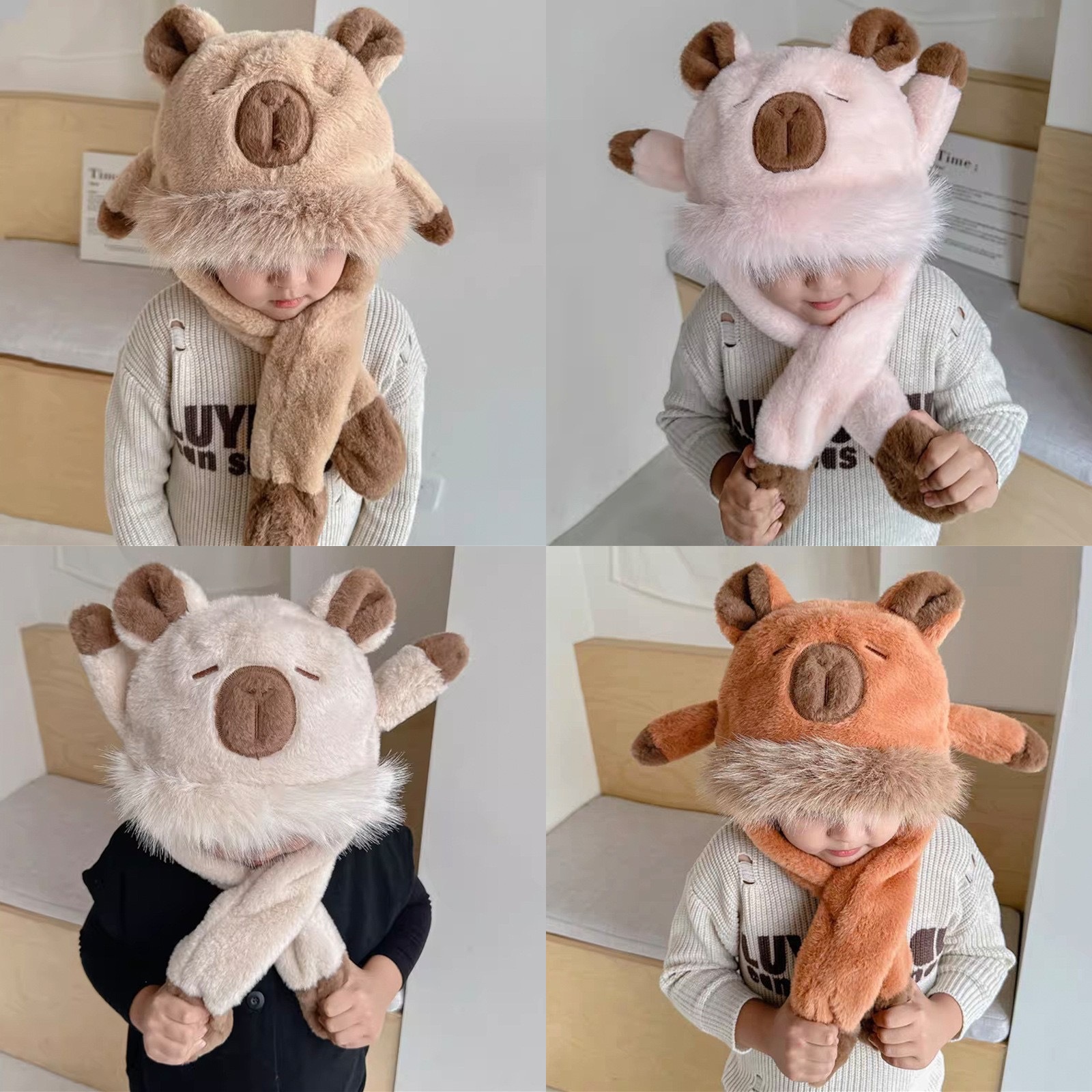 冬季卡皮巴拉帽子儿童围巾一体秋冬季围脖吧啦男孩女捏耳朵会动的