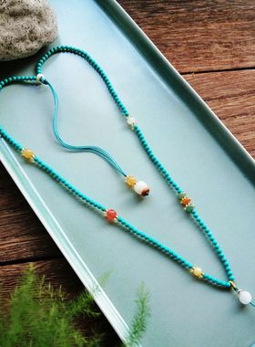 小众设计仿绿松石小米珠挂脖吊坠挂绳项链绳子多宝项链女