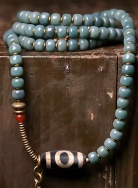 新中式复古根天珠项链女小众文艺民族风百搭珠子长款毛衣链高级感