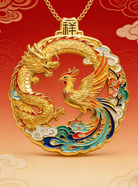 龙凤呈祥珐琅彩国风精美项链挂坠百鸟朝凤中式古风马年新年礼品