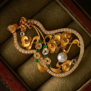 新中式祥云葫芦窗花胸针古法金花丝镶钻古风别针胸饰小众高级感