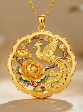 新中式牡丹栖凤镂空彩釉吊坠镶钻复古风吉祥富贵时尚精致项链颈饰
