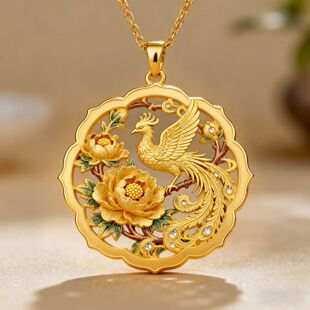 新中式牡丹栖凤镂空彩釉吊坠镶钻复古风吉祥富贵时尚精致项链颈饰
