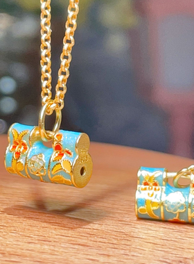 古法银绘彩烧蓝金色蓝色小锁包吊坠项链新中式高级感精致百搭