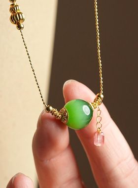 新中式风仿珍珠翡翠玉石吊坠diy万链能18k金色路路通配链可拆卸