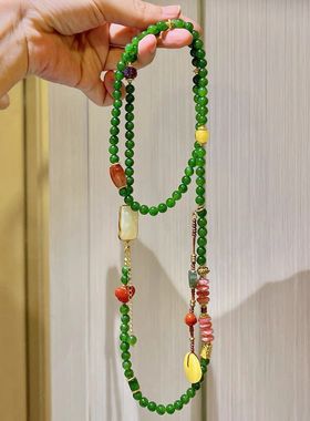 新中式仿和田玉碧玉项链女仿玉石珠链毛衣链长款复古中国风挂件