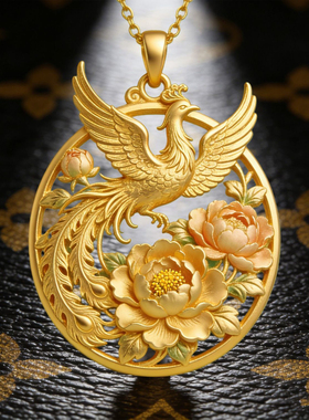 凰舞牡丹黄金色古风项链手工凤凰吊坠精致奢华高级感国风新年配饰