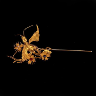 古法黄金色仿明代发簪花丝镶嵌工艺喜鹊发饰国风新娘汉服头饰簪子