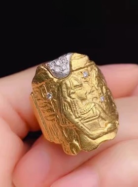 日式中古回流珠宝镀雕刻法老戒指