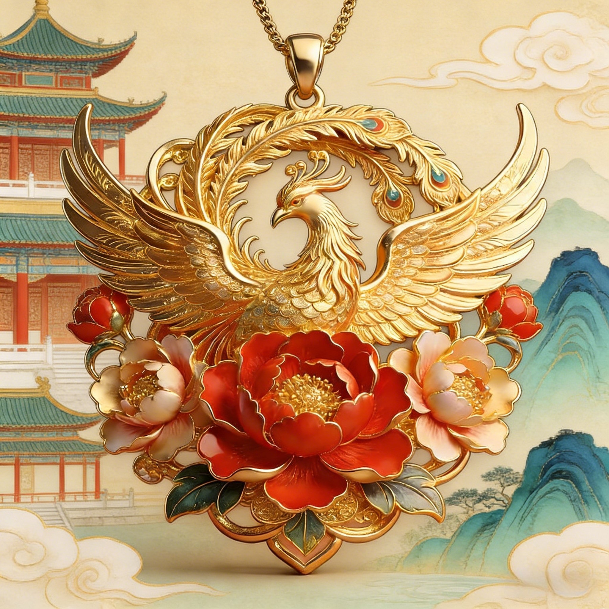 【富贵呈祥】金凤芙蓉圆牌吊坠黄金色项链手工时尚精美新年礼物女