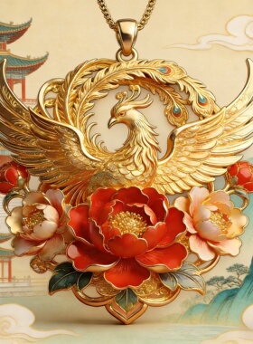 【富贵呈祥】金凤芙蓉圆牌吊坠黄金色项链手工时尚精美新年礼物女