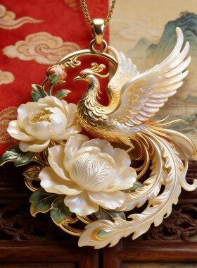 【富贵呈祥】黄金色仿贝母凤凰花朵吊坠新中式百搭马年妈妈款项链