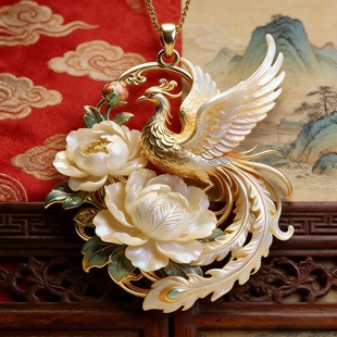 【富贵呈祥】黄金色仿贝母凤凰花朵吊坠新中式百搭马年妈妈款项链