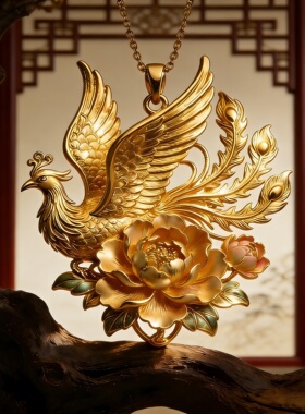【富贵吉祥】凤凰牡丹黄金色吊坠新中式国风轻奢项链精致高级礼物