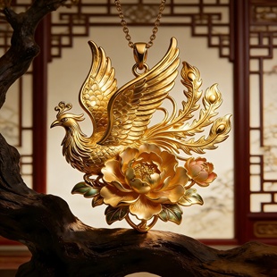 【富贵吉祥】凤凰牡丹黄金色吊坠新中式国风轻奢项链精致高级礼物