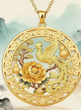 牡丹栖凤黄金色项链古风手工祥云纹凤凰吊坠项链国风大气毛衣配饰