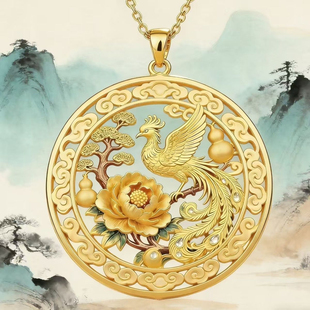 牡丹栖凤黄金色项链古风手工祥云纹凤凰吊坠项链国风大气毛衣配饰