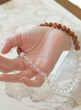 新中式陈化崖柏木高油手串银羽毛净体仿白水晶手链细腻两圈饰品女