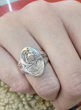 新中式凤凰图案浮雕银色戒指男女通用手作椭圆形雕刻国风开口指环