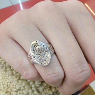 新中式凤凰图案浮雕银色戒指男女通用手作椭圆形雕刻国风开口指环