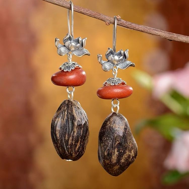 新中式莲花老蜜蜡耳环印度沉香耳坠民族风小众设计耳饰高级感饰品