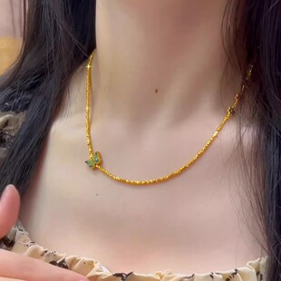 新款黄金色烧蓝蝴蝶项链女款蹦迪爆闪金珠锁骨链礼物送女友饰品