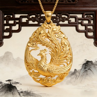 金店同款镂空凤凰黄金色吊坠祥云纹立体浮雕项链精致国风百搭配饰