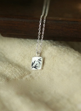 新中式漆小方糖系列竹影彩绘非遗仿大漆项链精致时尚优雅古典气质