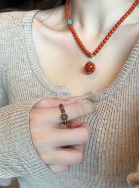 新中式新年红火南红玛瑙转运珠吊坠女项链显白大气松石随行礼物