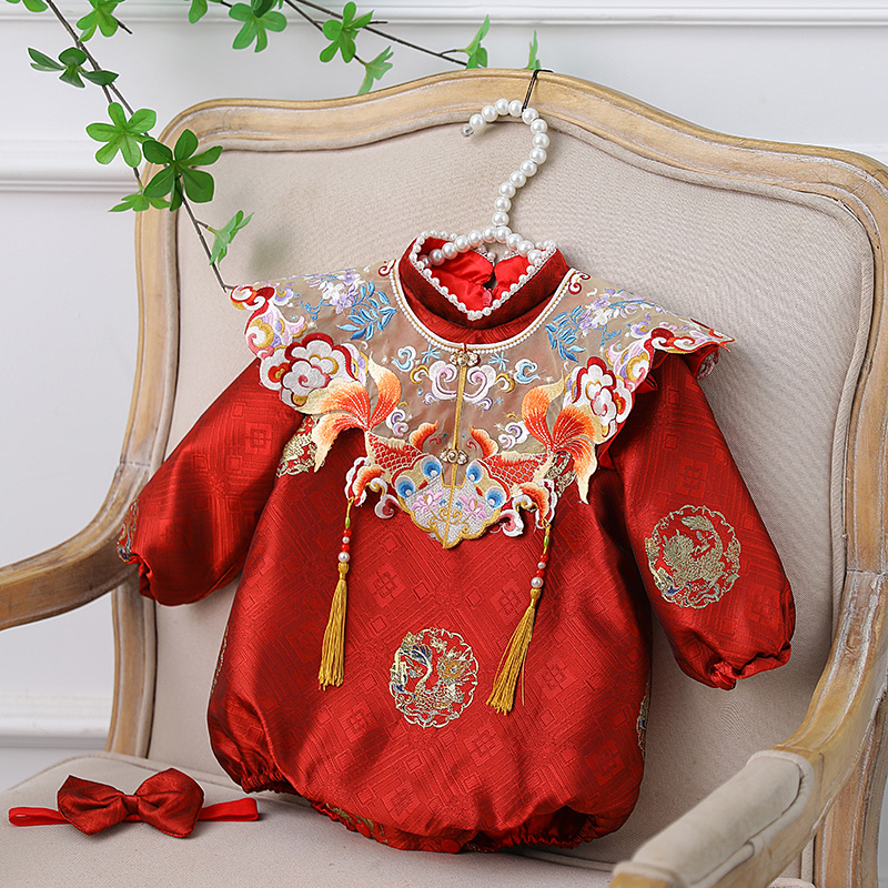 一周岁女宝宝礼服旗袍长袖百日宴中式婴儿满月抓周衣服国风秋冬季