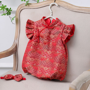 一周岁女宝宝礼服红色新中式百天婴儿旗袍儿童抓周宴衣服无袖夏季