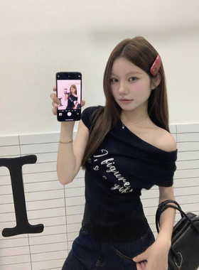 一字领短袖修身T恤女2025夏季字母印花显瘦辣妹百搭短款露肩上衣