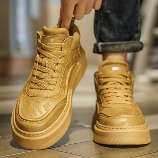 高帮男鞋冬季潮牌高级感百搭休闲板鞋真皮运动厚底增高小麦色潮鞋