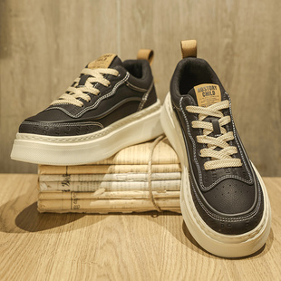 鞋子男鞋春季休闲板鞋男款高级感痞帅厚底增高白底黑面皮鞋年轻人