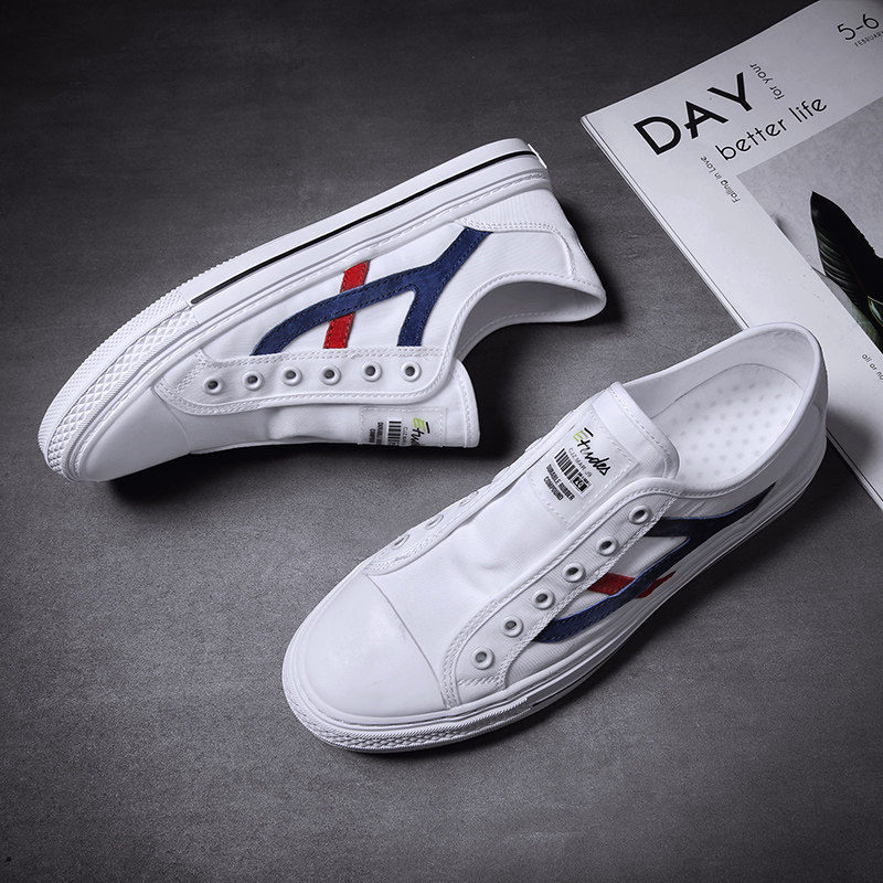 无鞋带男鞋春款透气帆布板鞋一脚蹬懒人休闲布鞋薄款男士小白鞋子