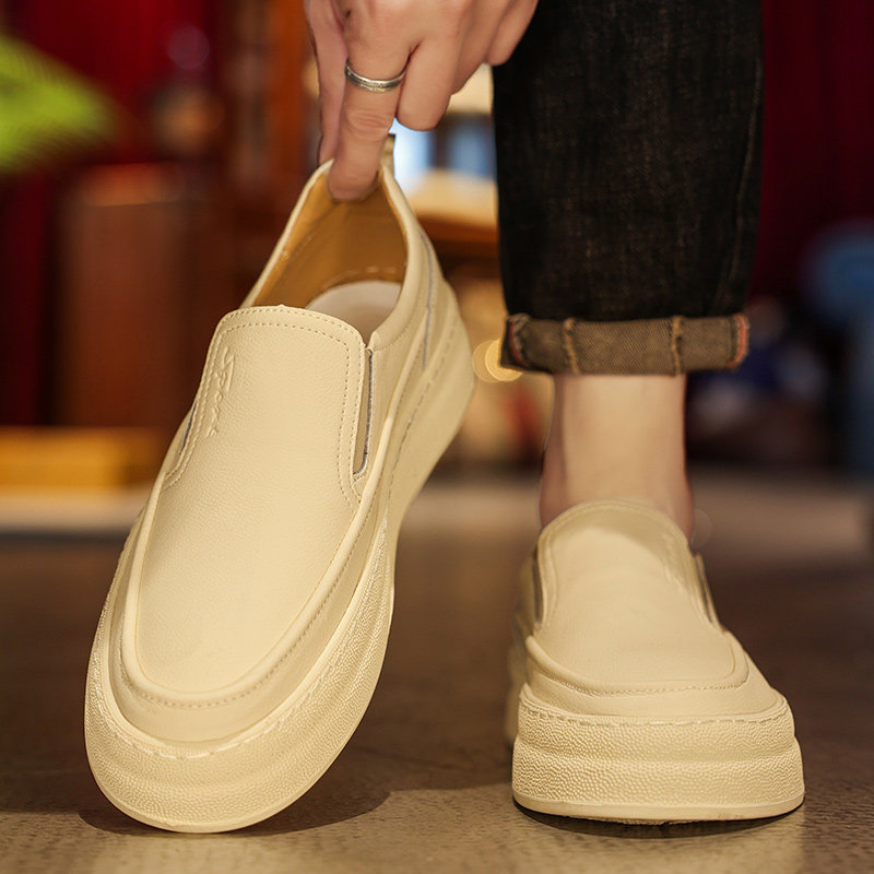 欧洲站男鞋2026新款春季一脚蹬真皮小白鞋男款高级感软皮休闲板鞋