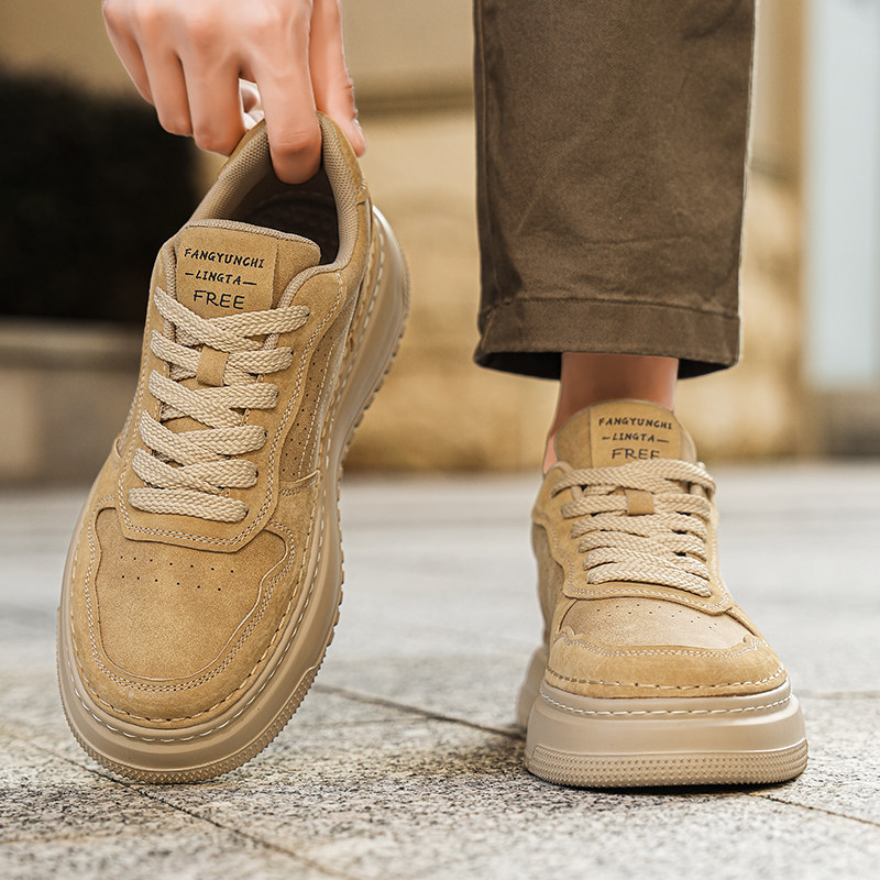 真皮男鞋冬季高级感青少年麦色休闲板鞋厚底增高百搭防滑运动潮鞋,流行男鞋,休闲板鞋,淘宝优惠券,粉丝福利购,淘宝优惠卷