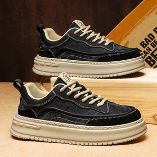 男鞋秋季板鞋黑色皮面百搭增高休闲鞋子男款冬季加绒冬天潮鞋真皮