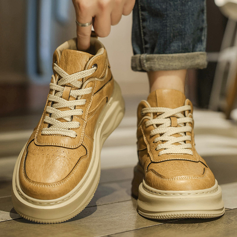 秋冬鞋子男鞋冬季加绒高帮板鞋男款软底内增高复古潮鞋中帮马丁靴