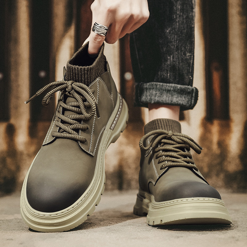 马丁靴男2025新款冬季英伦风复古袜子口高帮皮鞋男士防滑工装短靴