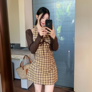 学院复古格子学生连体泳衣显瘦温泉海边度假泳装 2635 黄油美式