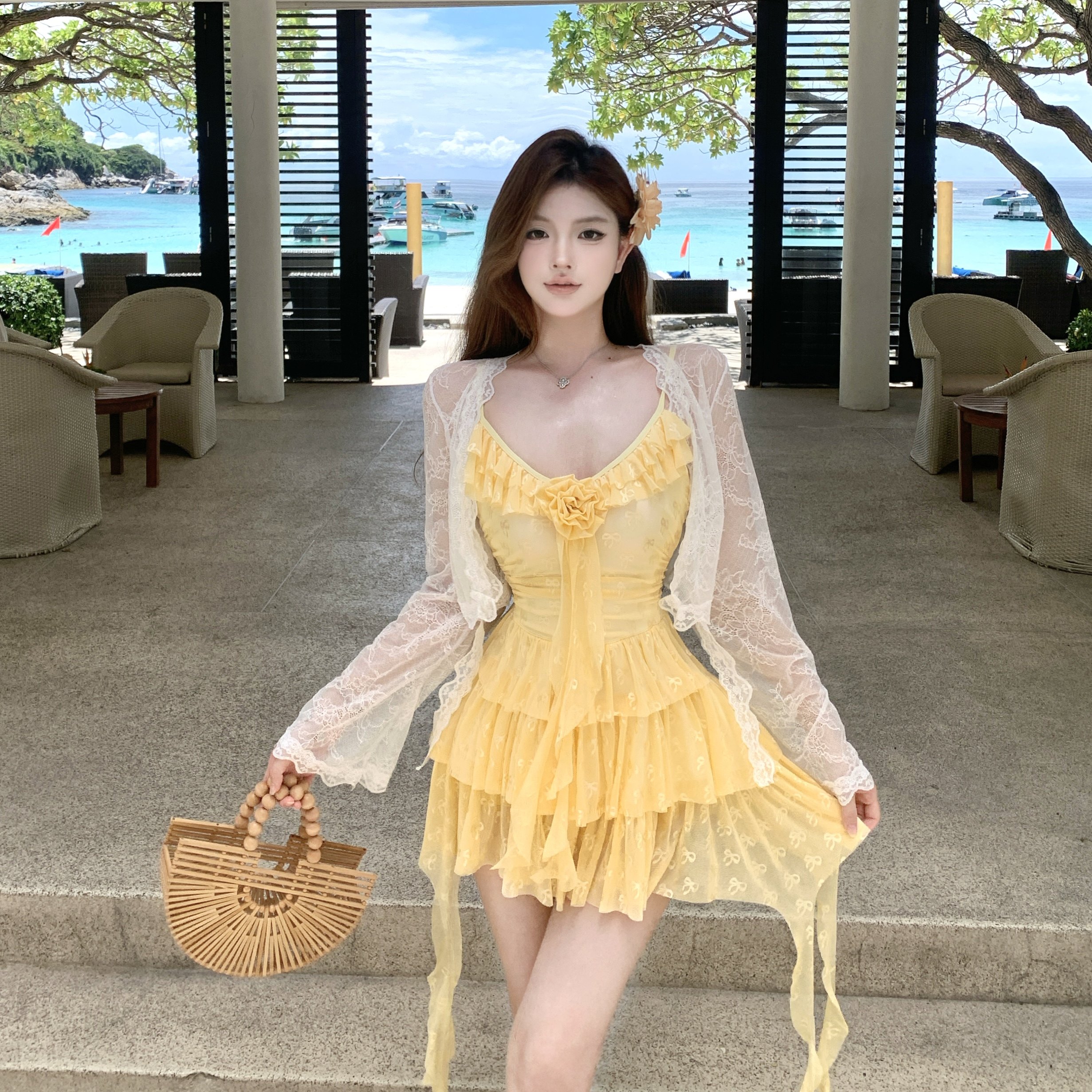 【恋爱日记】荷叶边连体泳衣三件套显瘦平角温泉海边度假泳装2528