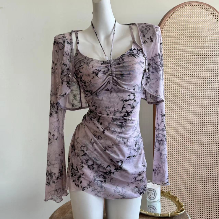 【湖塘烟雨】夏季泳衣女式保守连体裙式修身显瘦遮肚温泉泳装4103