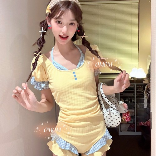 元气少女多巴胺连体泳衣可爱泡泡袖拼接显瘦温泉海边泳装5114