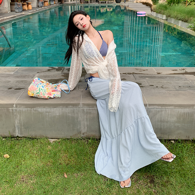 海滨度假比基尼温泉风蕾丝衬衫显瘦沙滩长裙旅游穿搭泳衣95175
