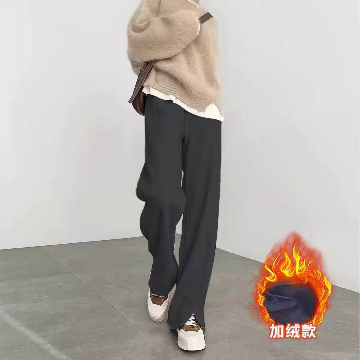 老钱风人字纹加绒加厚糯米裤女春秋冬季高腰宽松休闲阔腿直筒裤子