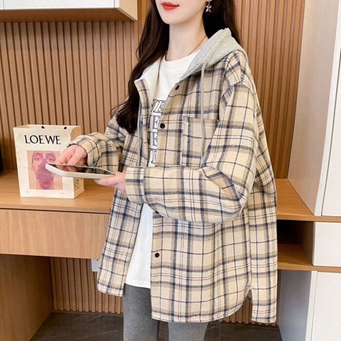 连帽加绒格子衬衫女秋冬设计感宽松减龄加厚保暖外套长袖休闲上衣