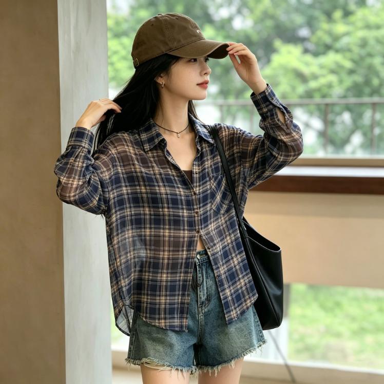 韩系薄款雪纺格子防晒衬衫女夏季宽松百搭松弛感长袖轻熟上衣外套
