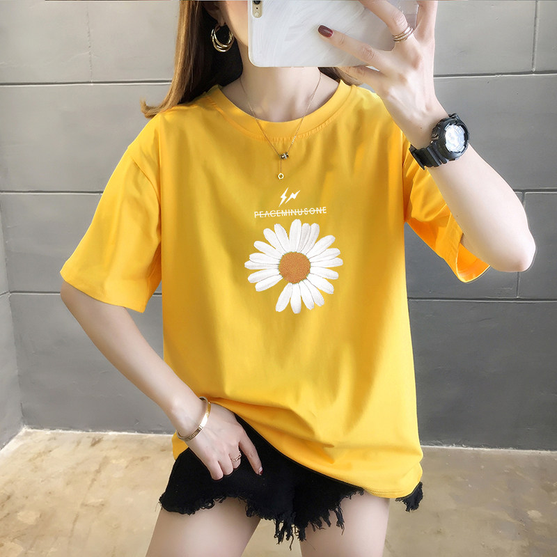 短衫女款全棉短袖雏菊T恤休闲宽松丅桖裇啼皿菊花t血t衫时尚女夏