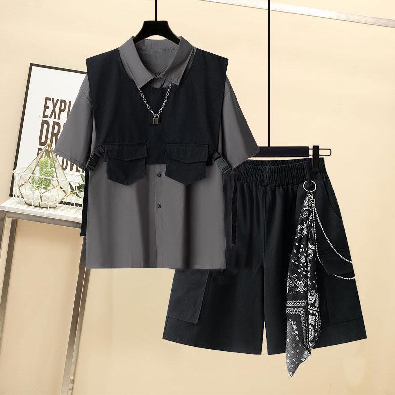 男女同款套装2023夏季韩版宽松短袖衬衫+工装马甲短裤三件套ins潮